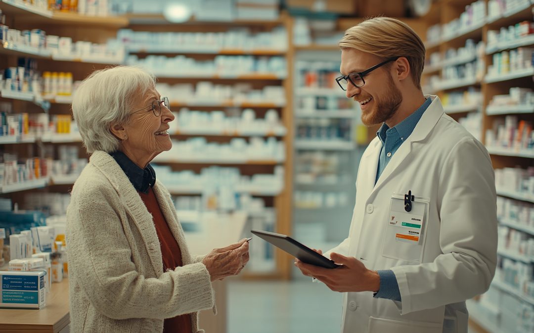Personnel de pharmacie conseillant un client en parapharmacie